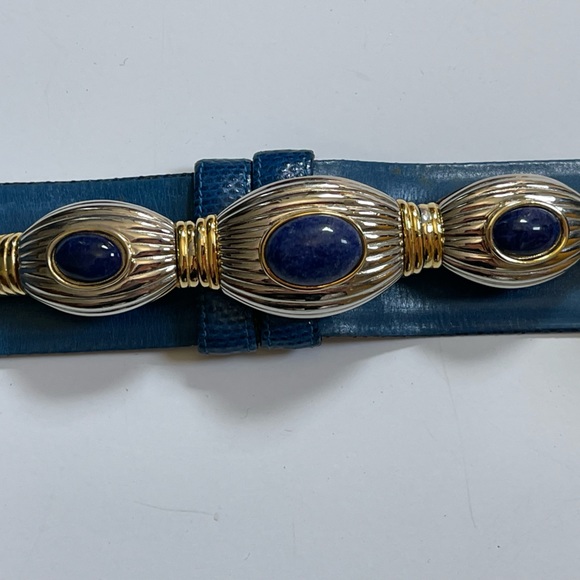 Vintage Judith Leiber Blue Stone, Gold and Blue Snake Skin Art Deco Belt - Picture 2 of 6